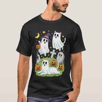 Black Cats in Ghost Costume Cute Women and Men Hal T-Shirt