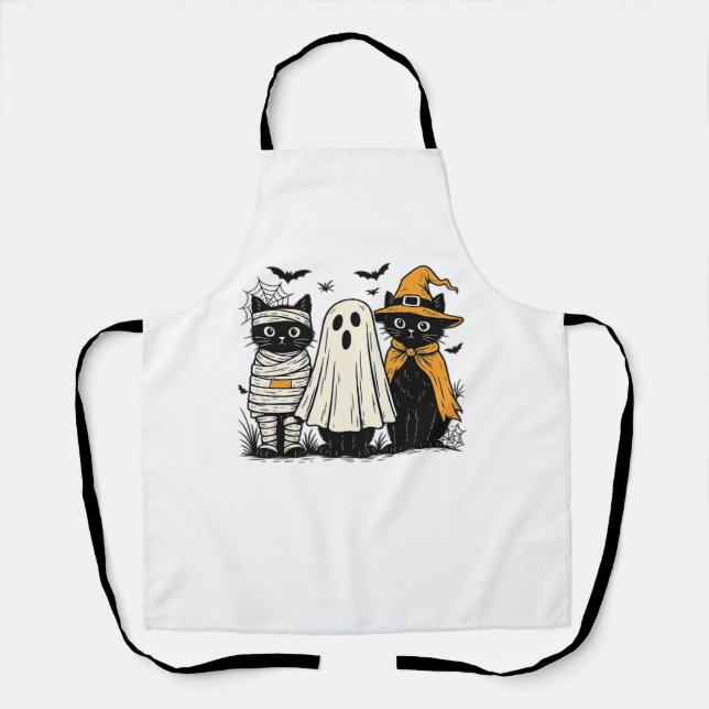 Black Cats in Halloween Costumes – Ghost, Witch, a Apron (Front)
