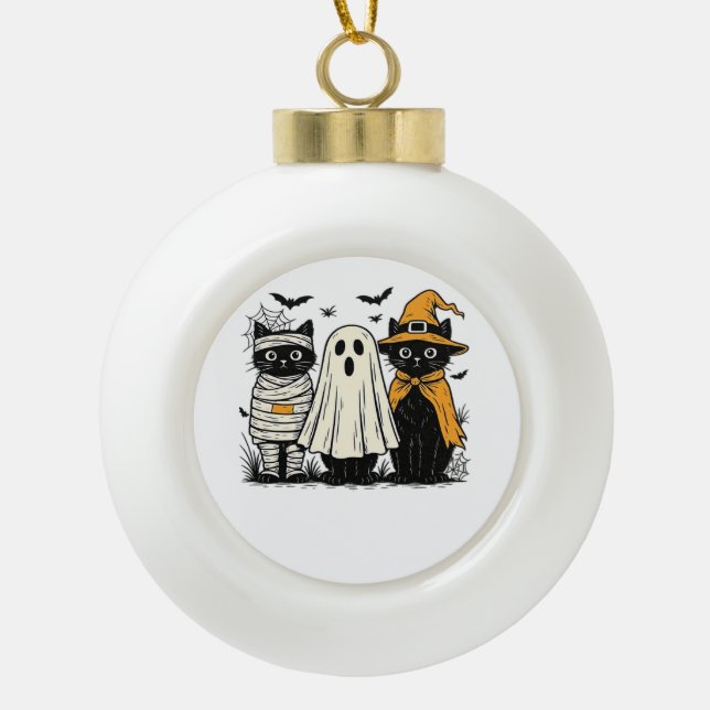 Black Cats in Halloween Costumes – Ghost, Witch, a Ceramic Ball Christmas Ornament (Front)
