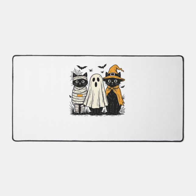 Black Cats in Halloween Costumes – Ghost, Witch, a Desk Mat (Front)