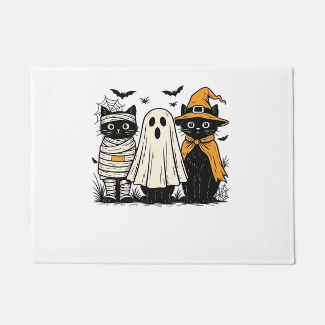 Black Cats in Halloween Costumes – Ghost, Witch, a Doormat (Front)
