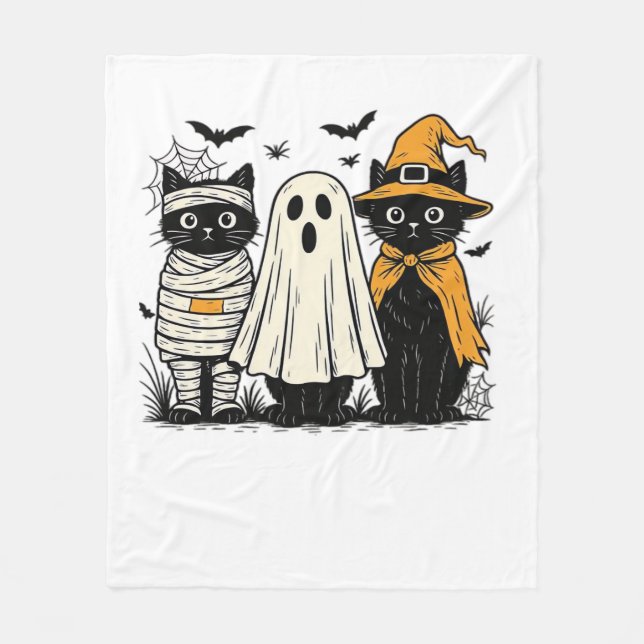 Black Cats in Halloween Costumes – Ghost, Witch, a Fleece Blanket (Front)