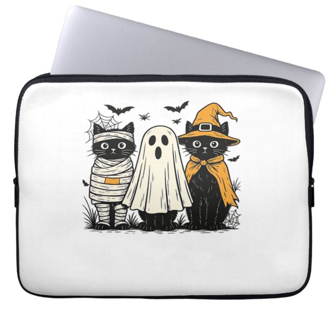 Black Cats in Halloween Costumes – Ghost, Witch, a Laptop Sleeve (Front)