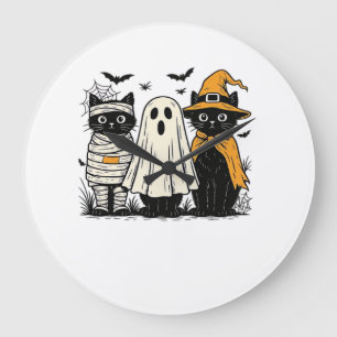 Black Cats in Halloween Costumes � Ghost, Witch, a Large Clock
