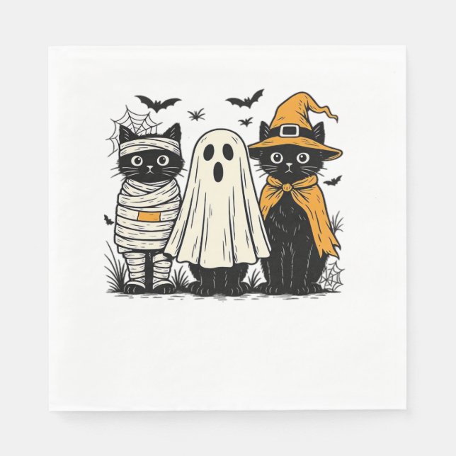 Black Cats in Halloween Costumes – Ghost, Witch, a Napkin (Front)