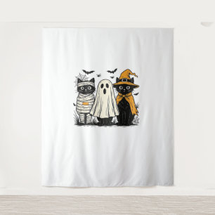 Black Cats in Halloween Costumes – Ghost, Witch, a Tapestry