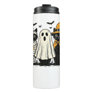 Black Cats in Halloween Costumes – Ghost, Witch, a Thermal Tumbler
