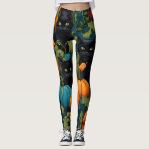 Black cats in pumpkin patch, Halloween  Leggings