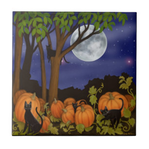 Black Cats in Pumpkin Patch Tile