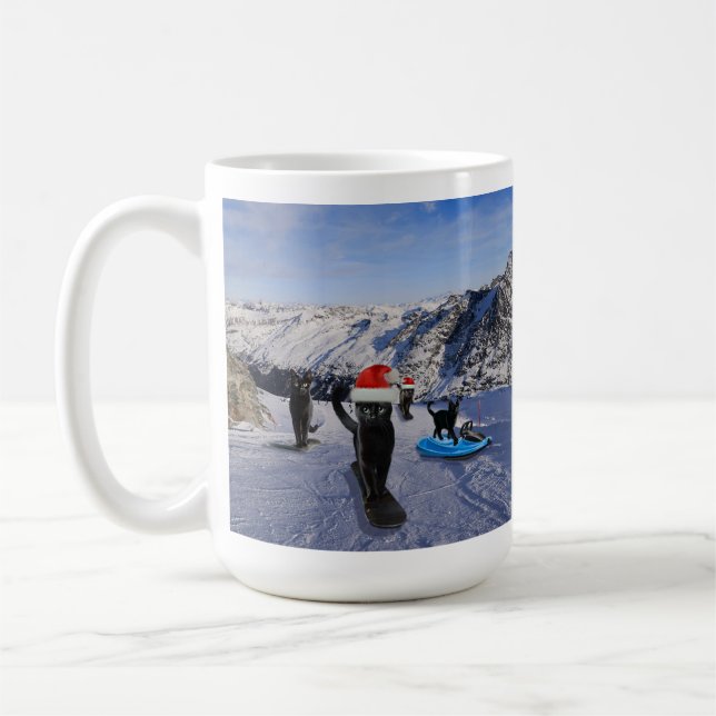 Black Cats in Santa Hats Snowboarding Adventure Coffee Mug (Left)