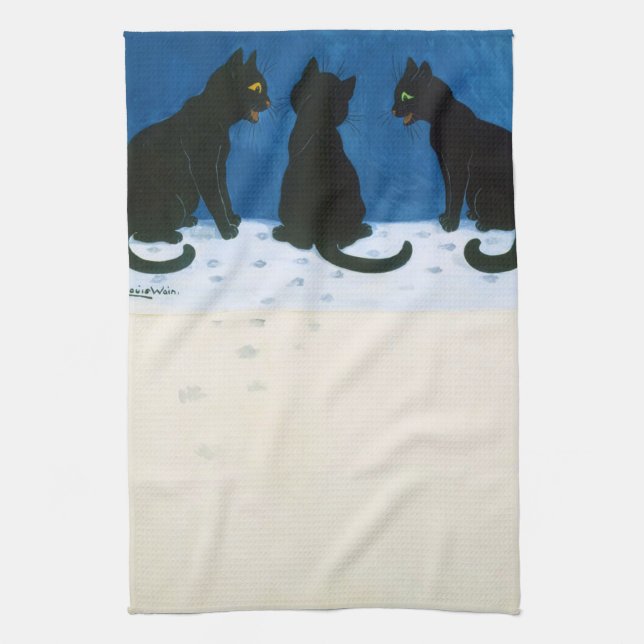 Black Cats in the Snow, Louis Wain Tea Towel (Vertical)