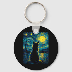 Black Cats Lover Starry Night Vincent Van Gogh For Key Ring