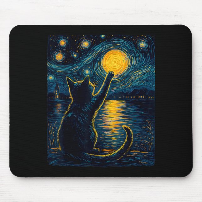 Black Cats Lover Starry Night Vincent Van Gogh Mouse Mat (Front)