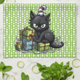 Black Cats Making Mischief Christmas  Tea Towel