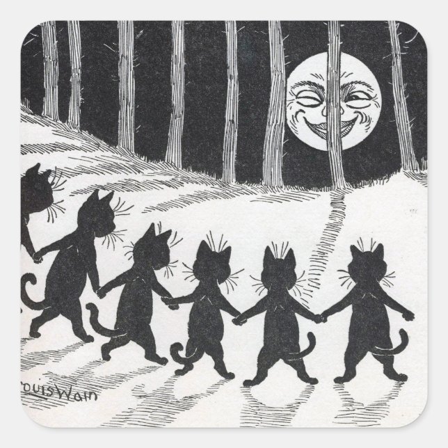 Black Cats Meeting the Moon by Louis Wain Square Sticker (Front)