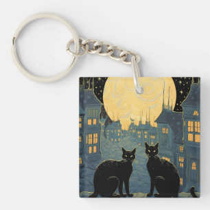 Black Cats on A Rooftop Key Ring