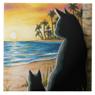 Black cats on beach Cat 597 Tile