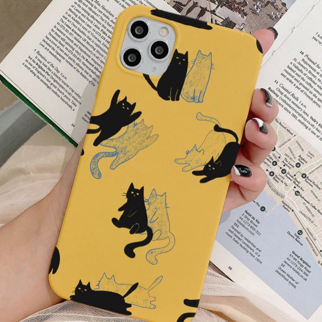 Black Cats on Mustard with Blue Outlines– Modern  iPhone Case (Creator Uploaded)