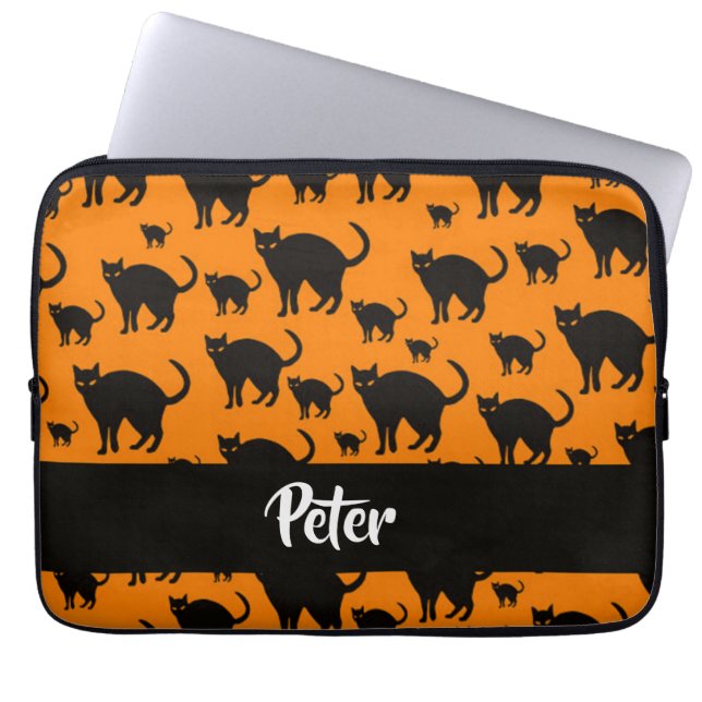 Black cats on orange laptop sleeve (Front)
