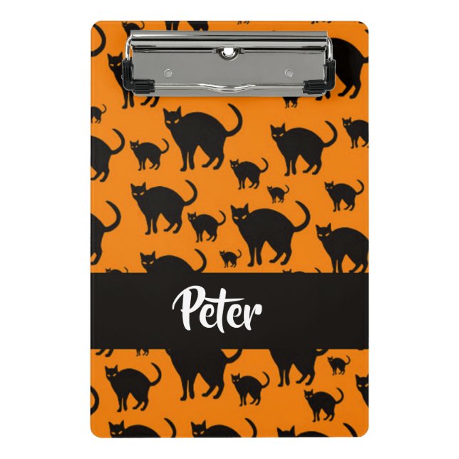 Black cats on orange mini clipboard (Front)