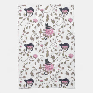 BLACK CATS ON PEONY FLOWERS - pink palette Tea Towel