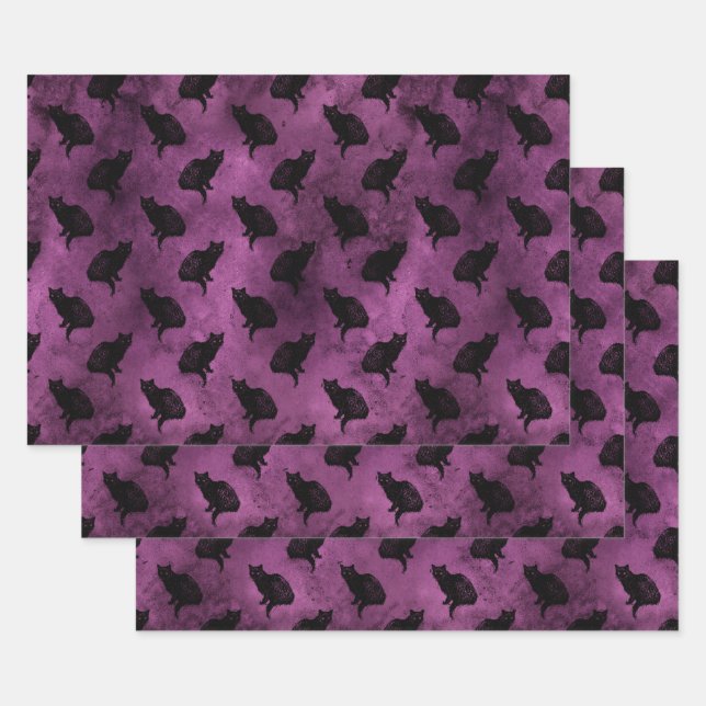 Black Cats on Purple Wrapping Paper Sheet (Set)