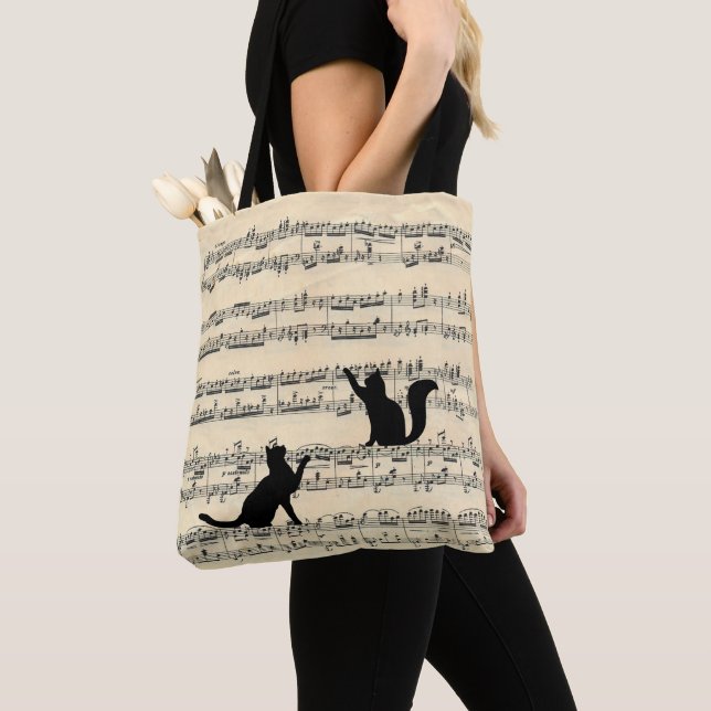 Black Cats on Sheet Music Tote Bag (Close Up)