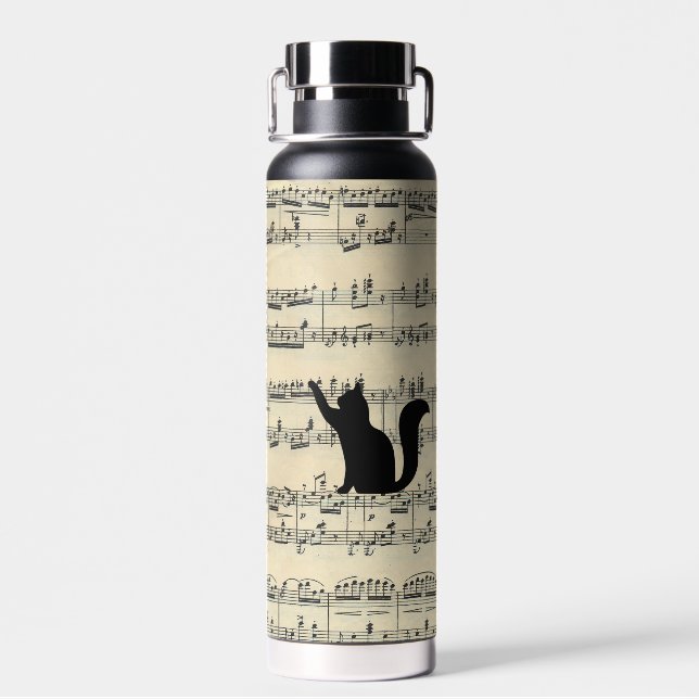 Black Cats on Sheet Music Water Bottle (Back)