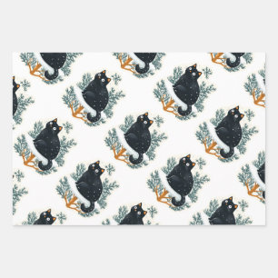 Black cats on the Christmas tree snow retro art Wrapping Paper Sheet
