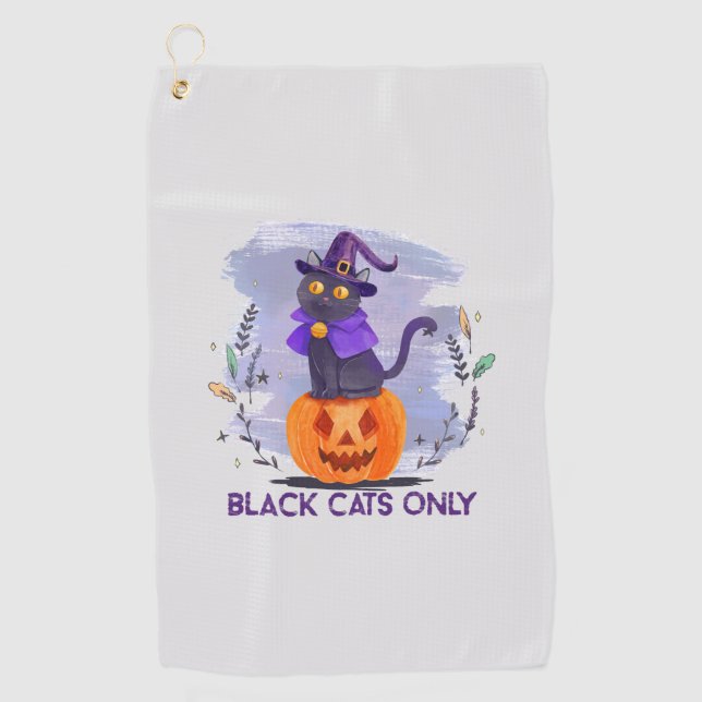 Black Cats Only – Witch Cat on Jack-O’-Lantern Golf Towel (Front)