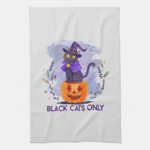 Black Cats Only – Witch Cat on Jack-O’-Lantern Tea Towel
