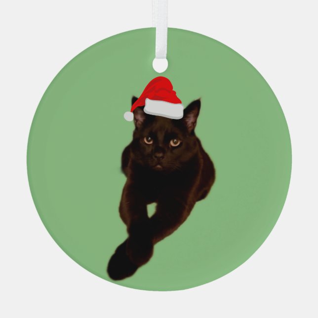 Black Cat's Photo Cutout with Santa Hat Green Glass Tree Decoration (Back)