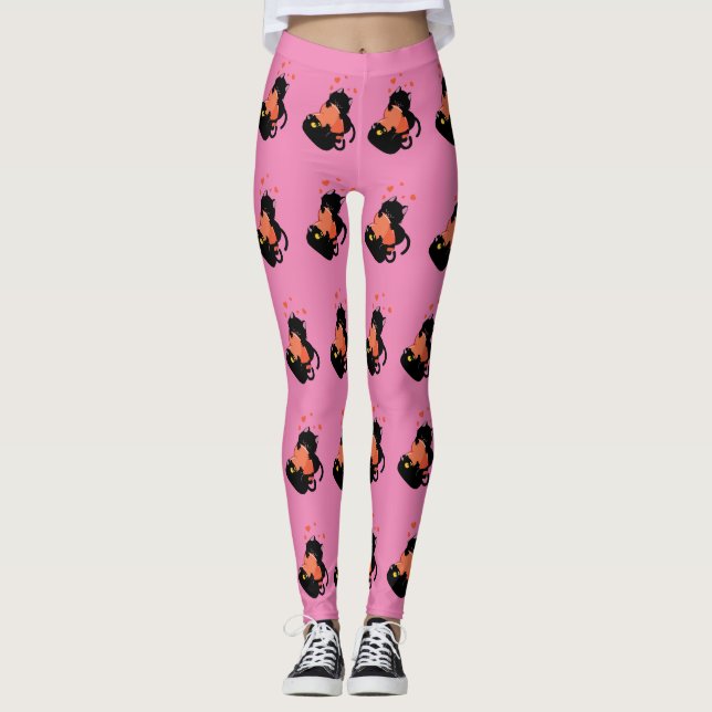Black cats play with heart leggings (Front)