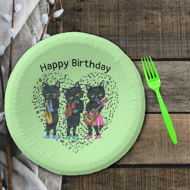 Black Cats Playing Music Green Heart Musical Notes Paper Plate (Musical black cats playing instruments on heart shaped music notes on green Birthday paper bowls.)