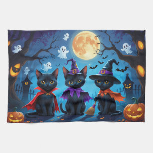 Black Cats Pumpkin Halloween Funny Tea Towel