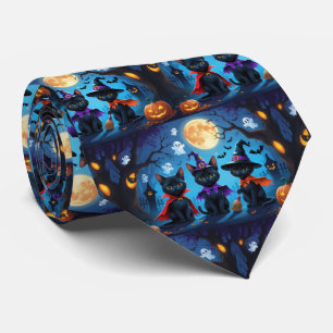 Black Cats Pumpkin Halloween Funny Tie