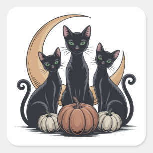 Black Cats Pumpkin Moon Whimsigothic Halloween Square Sticker