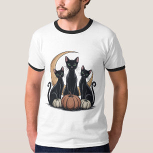 Black Cats Pumpkin Moon Whimsigothic Halloween T-Shirt
