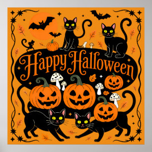 Black Cats Pumpkins and Bats Happy Halloween Poster