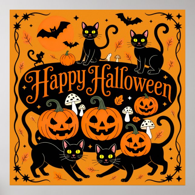 Black Cats Pumpkins and Bats Happy Halloween Poster (Front)