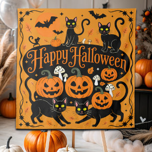 Black Cats Pumpkins and Bats Happy Halloween Tapestry