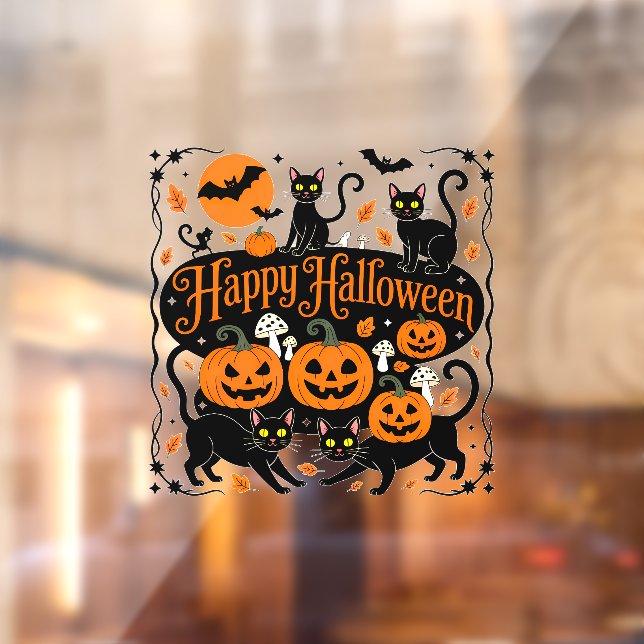 Black Cats Pumpkins and Bats Happy Halloween Window Cling (Sheet 2)