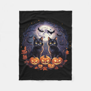 Black Cats Pumpkins Full Moon Halloween Cat Lover Fleece Blanket