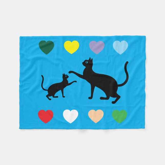Black Cats & Rainbow Hearts on Blue Fleece Blanket (Front (Horizontal))