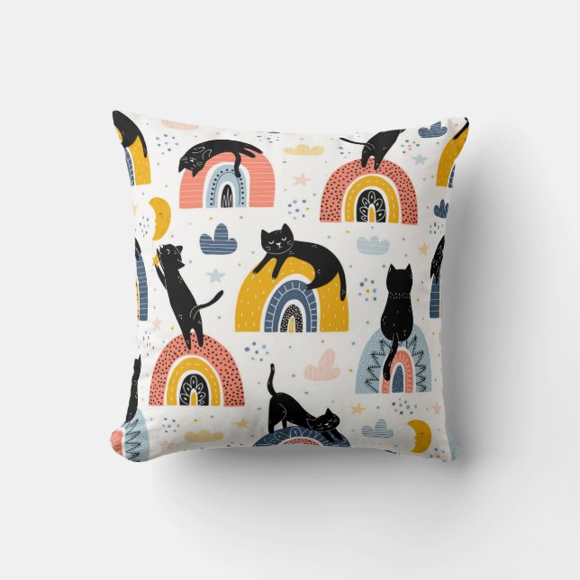 Black Cats Rainbows Fantasy Pattern Cushion (Front)