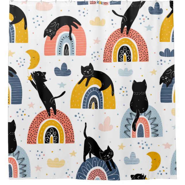 Black Cats Rainbows Fantasy Pattern Shower Curtain (Front)