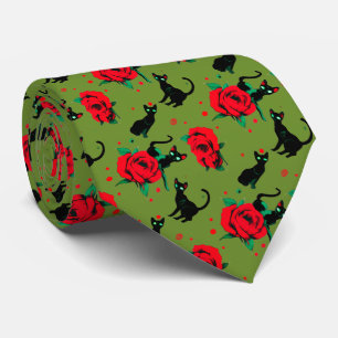 Black Cats Red Roses Pattern Dark Valentine Tie