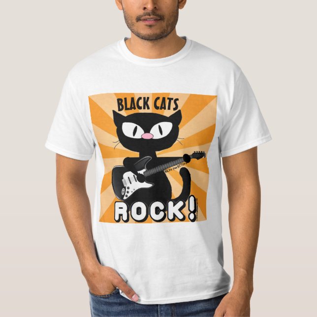 BLACK CATS ROCK! Black Cartoon Cat Playing Guitar T-Shirt (Front)