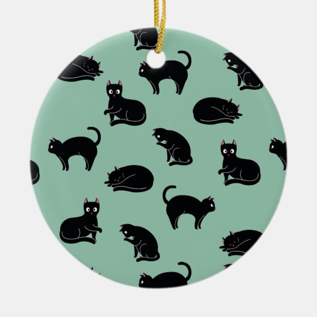 Black Cats Seamless Pattern Ceramic Tree Decoration (Front)