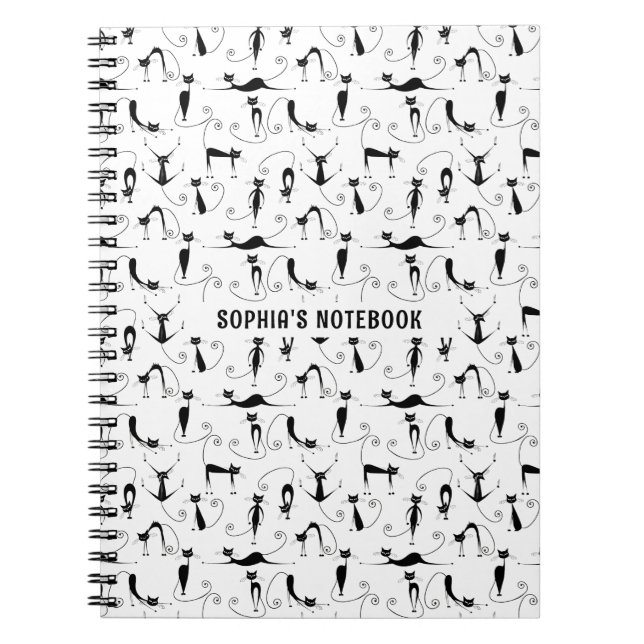 Black Cats Seamless Pattern Custom Name Notebook (Front)